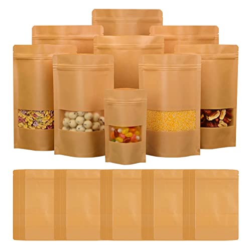 Bolsa de Papel Kraft,Bolsa Kraft con Ventana,Bolsas Ziplock Reutilizables,Aplicables para Nueces,Granos de Café,Hojas de Té,Especias,etc.(13x20cm 50Piezas)
