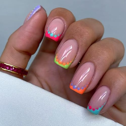 Flower Press on Nails Short Square Fake Nails Colorful French Tip Designs Spring False Nails Polka Dots Full Cover Acrylic Nail File Stick Jelly Glue DIY Kit for Women 24PCS