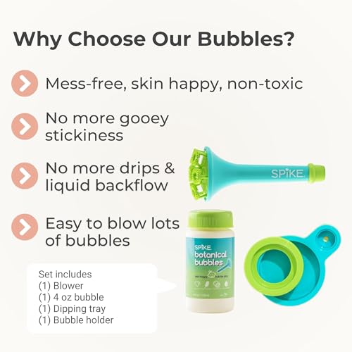 innobaby spike bubble blower with mess free botanical bubbles and dipping tray - magic wand blows oodles of bubbles without the mess - recommended for speech visual amp motor development - color aqua