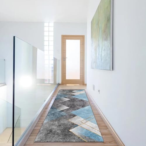 Alfombra de pasillo de 50x150 cm moderna en gris y azul lavable 6