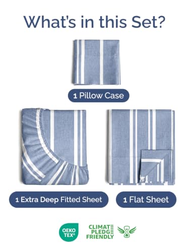 Image of Extra Deep Pocket Twin Size Sheet Set - Breathable & Cooling - Blue Stripes
