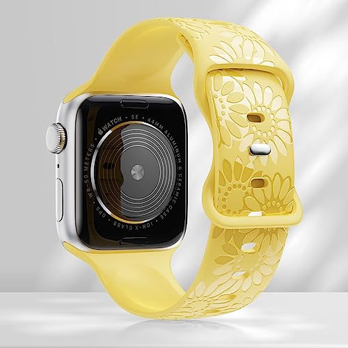 Image of Sunflower Engraved Band Compatible with Apple Watch Bands 38mm 40mm 41mm 42mm 44mm 45mm 49mm Women, Designer Soft Glossy Floral Silicone Strap for iWatch Series Ultra 11 10 9 8 7 6 SE 5 4 3 2 1