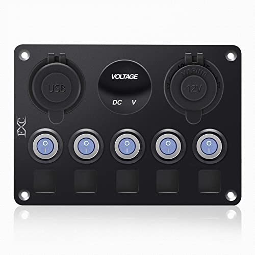 Upgrade Blue 5 Gang Marine Boat Rocker Switch Panel Circuit Breakers, Waterproof Switch Panel With 15A Inline Fuse For Truck Rv, Digital Voltmeter Usb Charger Port Dc 12 Volt Power Outlet Socket #TOP1