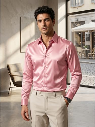Image of DEELMO Men's Stylish Solid Satin Casual Shirt for Men Full Sleeves| Poly Satin Silk Shirt