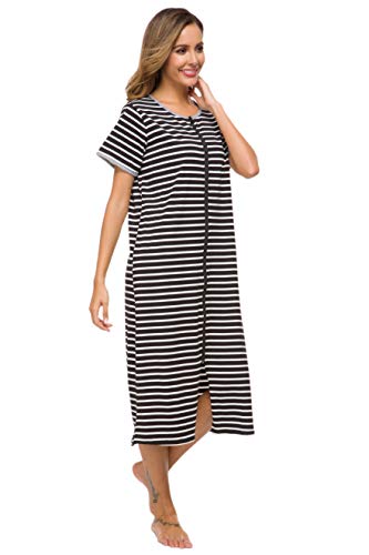 Vslarh Women Short Sleeve Zip Front Nightgowns Full Length Cotton Robes Loose Housecoat Loungewear With Pockets (B&W,Large) #TOP4
