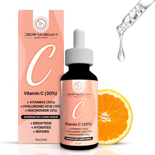 Dermabeam Vitamin C Serum for Face, Vitamin C Face Serum with Hyaluronic Acid, Vitamin E, Niacinamide, Aloe, and Jojoba Oil, Brightening Serum for Dark Spots, Anti Wrinkle Facial Serum, 1 fl oz