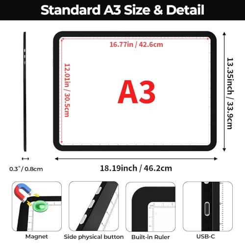 Image of Zocelight A3 Light Pad with Bag, 16.77x13.35inchs Light Board, 6000 Lux Super Bright Light Box for Tracing, Side Button Design, Magnet Light Table for Diamond Painting,Sketching,Weeding Vinyl(Black)
