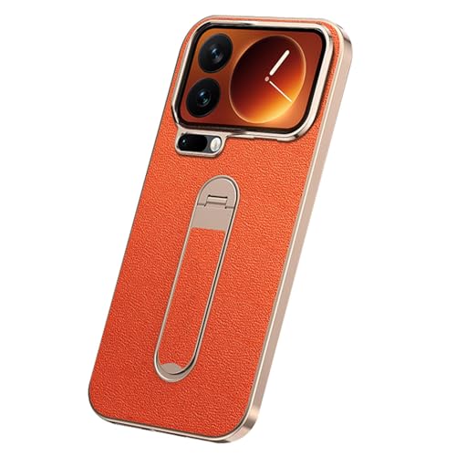 Coque en cuir litchi plaqué pour Xiaomi 17 Pro avec béquille premium orange