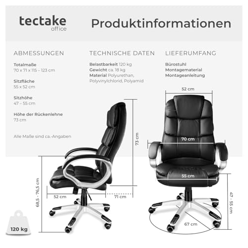 tectake® Chefsessel, Bürostuhl mit 12 cm Polsterung, Schreibtischstuhl mit Armlehnen...