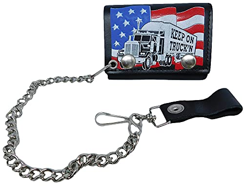Keep On Truck'n USA Flag Mack Truck Genuine Leather Wallet With Chain (4 inch)