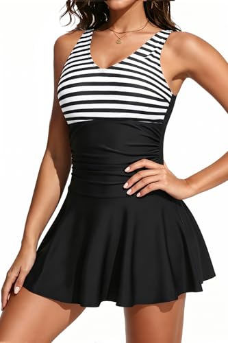Image of Yonique One Piece Swimsuits for Women Modest Tummy Control Swimdress Vintage Bathing Suits Skirt Swimwear