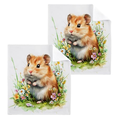 ALAZA Wash Cloth Set 100% Cotton Fingertip Towels Face Cloths Sets Hamster Flower Highly Absorbent Soft Feel Set of 2