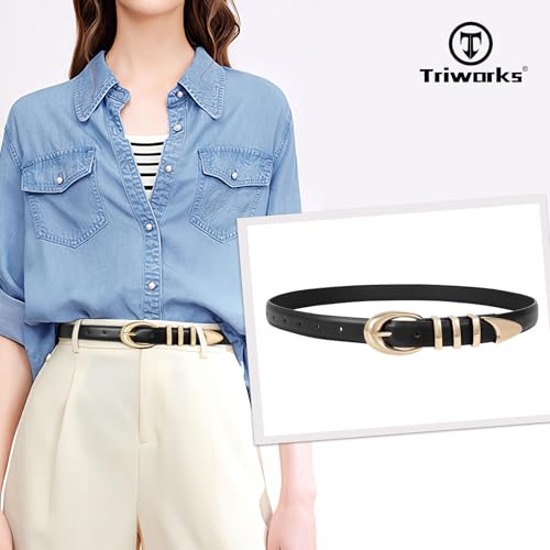 Image of TRIWORKS Women Leather Belt for Jeans Pants Fashion Ladies Skinny Faux Leather Dress belt with Gold Buckle