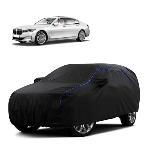 Image of Sulfar 100% Water Resistant Car Body Cover Compatible with Mirror for BMW 7 Series (Triple Stitched, Full Bottom Elastic, Black Tafetta with Blue Piping)
