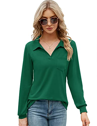 Akewei Long Sleeve Collared Shirts Womens Solid V Neck Dressy Tunic Tops Relaxed Fit Work Blouse Golf Polos Green S #TOP5