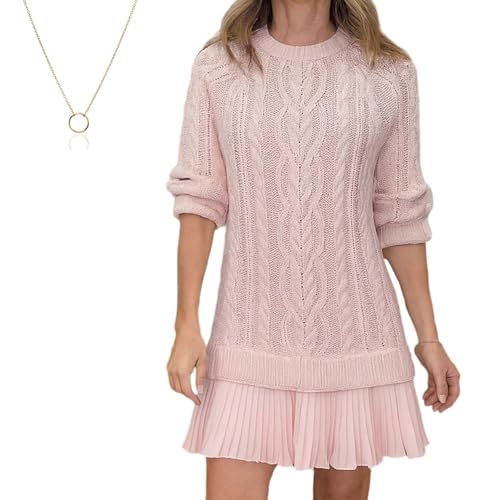 Women Crewneck Cable Knit Sweater Mini Dress, Plus Size Pleated Skirt Dress Casual Crew Neck Twofer Style Dress