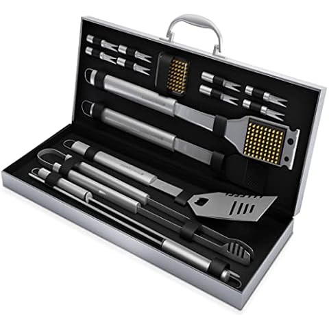 Home-Complete BBQ Grill Tool Set- 16 Piece Stainless Steel Barbecue Grilling Accessories with Aluminum Case, Spatula, Tongs, Skewers Cover
