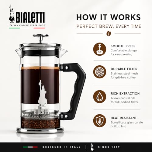 Bialetti Kaffeepresse Preziosa, French Press Filter für Kaffee oder Tee, Gehäuse aus Edelstahl und Behälter aus Borosilikatglas, spülmaschinenfest, 1 Liter, 8 Tassen, Silber – Bild 5