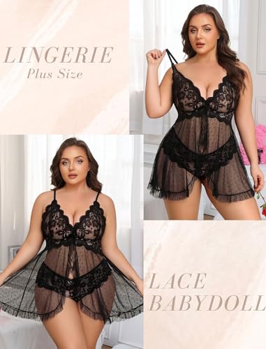 Image of Avidlove Plus Size Lingerie for Women Sexy Lingerie Dress Lace Babydoll Lingerie V-Neck Open Front Strap Nightdress