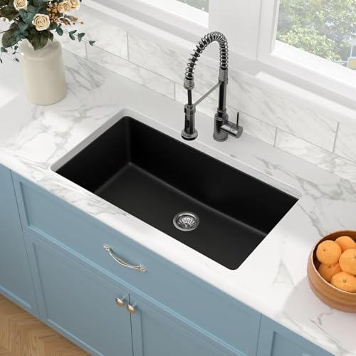 Sarlai 33 Inch Granite Composite Kitchen Sink - 33x19 Inch Undermount Matte Black Kitchen Sink Ledge...