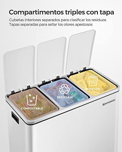 Miniatura 4 de Songmics Cubo De Basura Para Cocina, 3 X 18 L, 3 Compartimentos Para Reciclaje, 15 Bolsas, Restos De Comida, Tapas De Cierre Suave, Pedales, Cubetas, Acero, Blanco Nube Ltb54wt