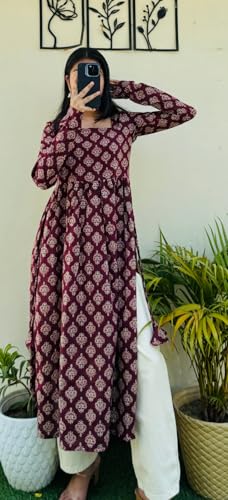 Image of Women's Cotton Nayra Cut Kurti for Women | Full Sleeves Printed Long Kurta | Stylish Flared Ethnic Wear Kurti, Casual & Festive Occasion