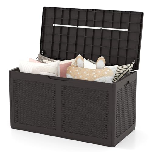 COSTWAY 380 L Gartenbox mit Rollen, Auflagenbox wasserdicht inkl. Deckel, Aufbewahrungsbox Gartentruhe mit Rattanstruktur für Poolzubehör, Gartengeräte & Balkon (Braun)