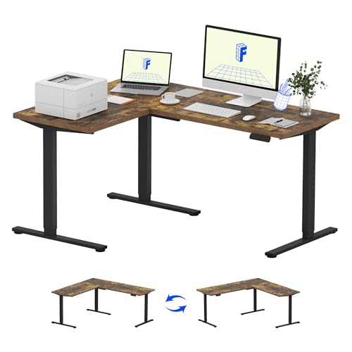 Image of FLEXISPOT L Shaped Standing Desk, 63 x 47 Inch Electric Height Adjustable Corner Desk, Sit Stand Computer Workstation, Preset Controller, Home Office, Black Frame with Rustic Brown Top