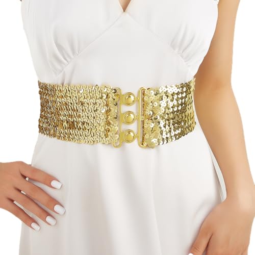 Asooll Sparkly Gold Sequin Waist Blet Wide Elastic Waistband Party Club Dress Belt for Women