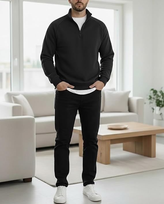 Image of Men's Quarter Zip Pullover Sweater with Contrast Stripe, Long Sleeve Athletic Casual Sweatshirt for Winter Wear, Black