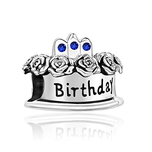 Image of Birthstones Happy Birthday Cake Charms Compatible with Pandora Charms Moments Bracelets Candle Crown Celebration Beads