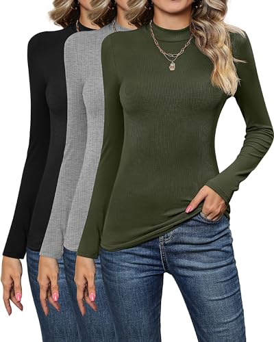 3 Pack Women's Mock Neck Tops, Fitted Ribbed Turtleneck Shirts 2025 Trendy Long Sleeve Knit Thermal Undershirts Tee2