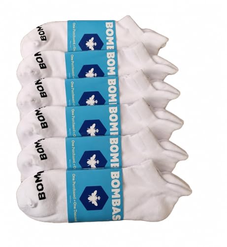 Image of BOMBAS Women's Solid White Ankle Socks, 6-Pack Cushioned Low Cut Athletic Socks, Size Medium (7.5-11)