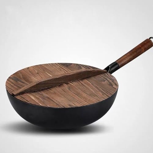 Borlai Commercial- Grade 5. 6L Wok Pan with Wooden Lid, Heavy Duty Iron Construction for Stir Frying, Braising and Deep Frying, Fits Gas, Induction, Electric and Halogen