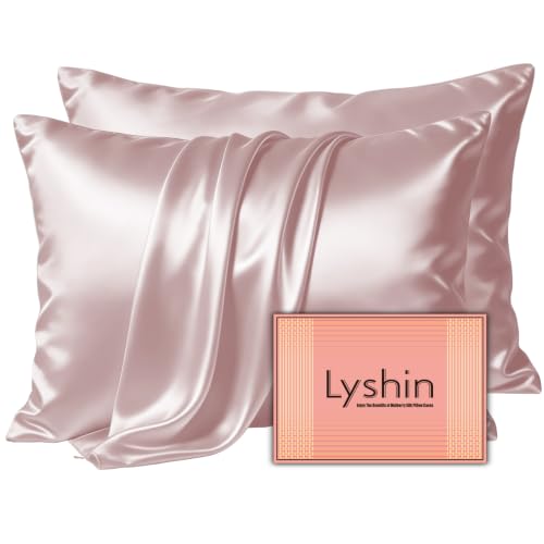 Image of LYSHIN Pink Silk Pillowcases 2 Pack Queen Size with Zipper | 19 Momme Mulberry Silk Pillow Cases for Skin and Hair, Anti-Acne, Hypoallergenic, Cooling, Beauty Sleep, Gifts for Women