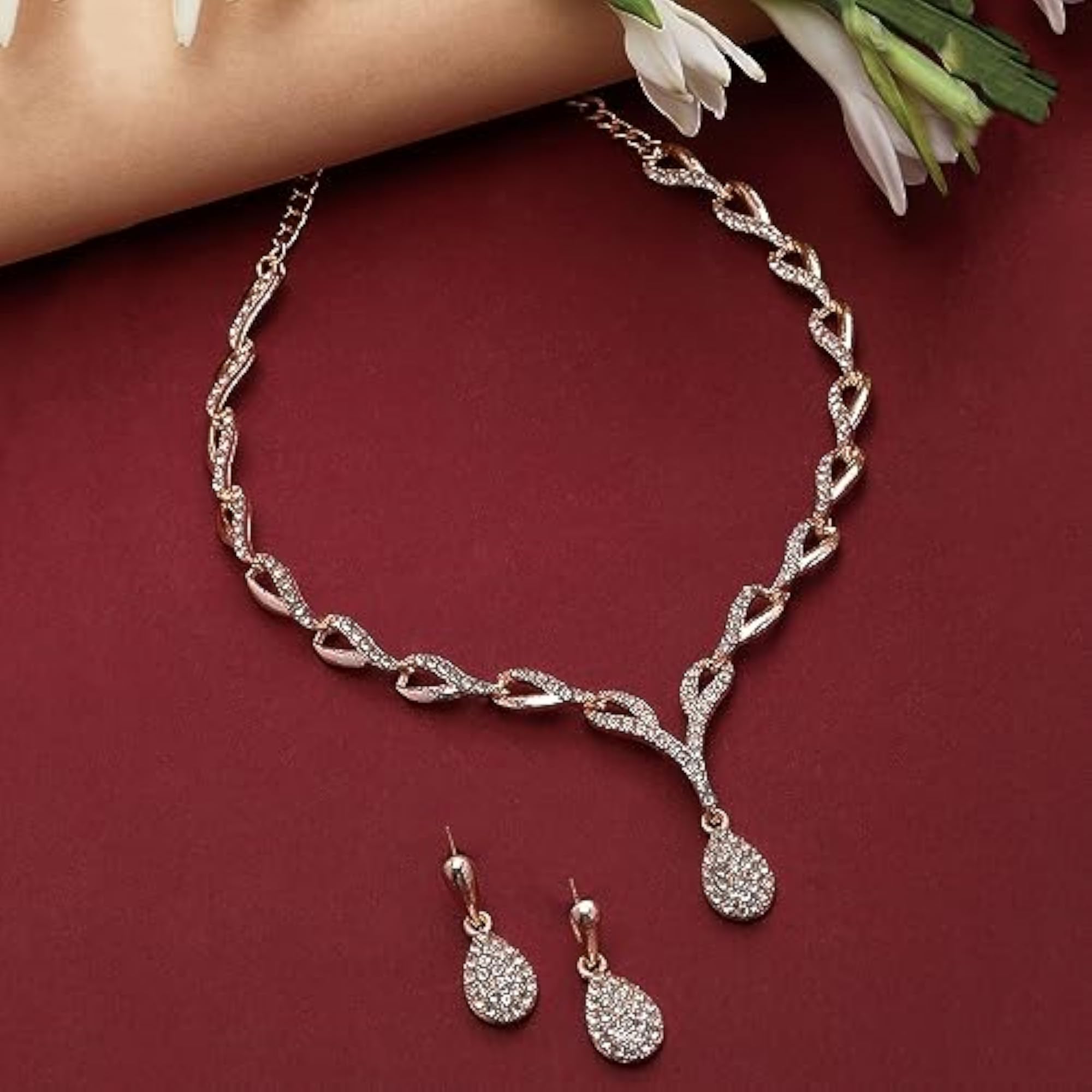 Teardrop Necklace & Earrings Set, CZ Studded, Oxidised Silver-Plated