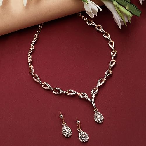 Image of ZENEME Oxidised Silver-Plated Cubic Zirconia Studded Teardrop Shaped Necklace With Earrings Jewellery Set For Girls and Women