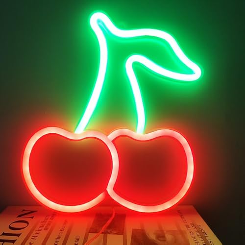 Image of Cherry LED Neon Light Sign Handmade Lamp for Wall Room Party Home Bar Art Christmas Bedroom Table Wedding Party Desktop Decoration Teen Kids Birthday Holiday Gift USB Powered(Red-Green)