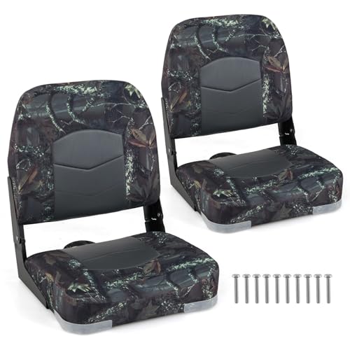 Goplus Low/High Back Boat Seats, Folding Boat Seat with Stainless Steel Screws & Aluminum Hinges, Thickened Sponge Padding, Waterproof Fishing Captain Boat Seats, TideLine(2 Packs-Dark Camo)