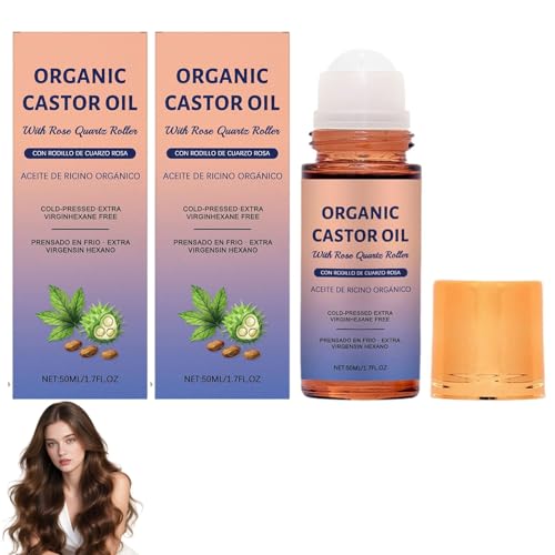 Organic Castor Oil Rose Quartz Roller Ball 100% Cold Pressed Castor Oil Roller Ball Rose Quartz Castor Roller Amber Glass Bottle For Face Hair & Eyebrows 1.7oz (2)