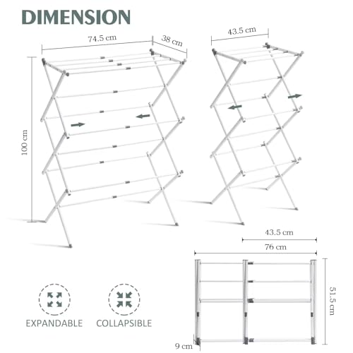 Image of ANTARYAMI 3-Tier Expandable Collapsing Foldable Laundry Drying Rack Cloth Drying Stand Balcony Stainless Steel Window Stand Bathroom Garden Indoor Outdoor Space-Saving (White)
