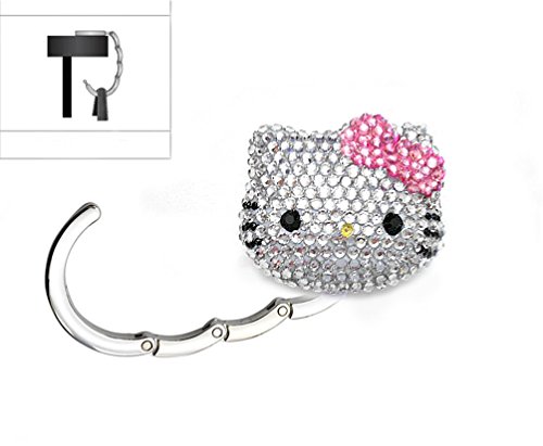 LOVEKITTY 3D Hello Cutie Fully Blinged Out Foldable Kitty Inspired Purse Holder, Purse Hook, Handbag Hanger, Purse Table Hook (Pink/Rhinestones)
