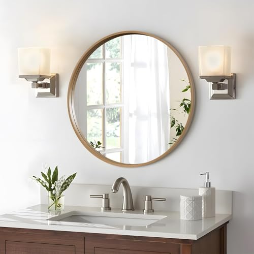 Image of WallBeyond Round Wood Mirror 28 inch Circle Wall Mirror for Bathroom Round Wall Mirror for Wall Decor, Vanity, Entryway Living Room, Honey
