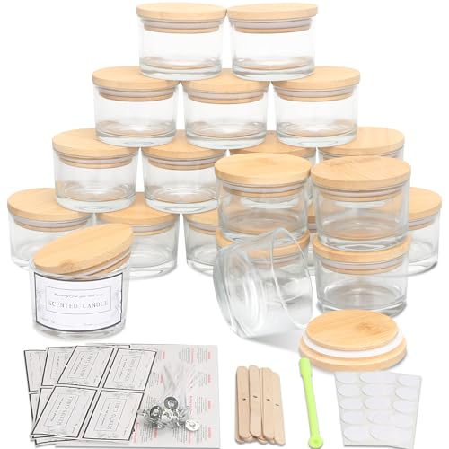 MILIVIXAY Paquete de 20 tarros para velas de cristal transparente de 113,4 g con tapa y kit de fabricación de velas, tarros pequeños vacíos para velas de boca ancha, recipientes para