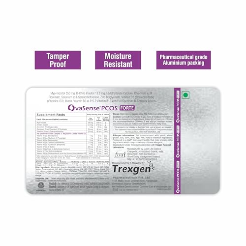 Trexgen® OvaSense-PCOS Forte Synergistic Myo-inositol& D-Chiro Inositol, Cholecalciferol, B-complex,Zinc, Chromium, Selenium & Micronutrients (30 x 2 box = 60 Tablets)