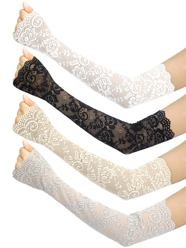 Fourluoo 4 Pairs Women Lace Arm Sleeves Floral Hollow Out UV Protection Fingerless Arm Covers Elbow Length for Tea Party Wedding