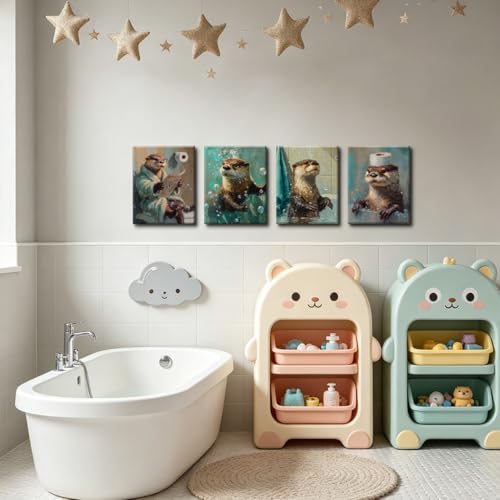 Image of Frimeeme 4 Piece Framed Funny Otter Bathroom Canvas Wall Art