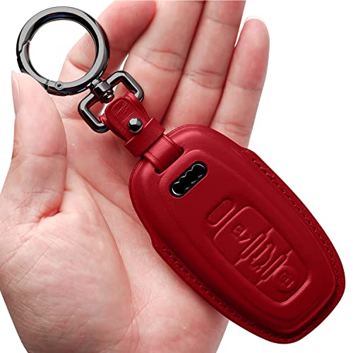 Image of Tukellen Compatible with Audi Key Fob Cover Genuine Leather with Keychain,Leather Case Key Shell Compatible with Audi R8 Q5 Q7 S3 S4 S5 S6 S7 S8 SQ5 RS5 RS7 A4 A5 A6 A7 A8 Keyless Entry-Red