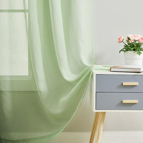 Image of MYSTIC-HOME Extra Wide Sheer Curtains Green 84 Inches Long, Window Treatments Rod Pocket Drapes for Living Room, Bedroom, 108 in Width Semi Sheer Curtains for Yard, Villa, Parlor, 108 inchx 84 inch, 2 Panels