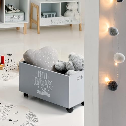 Caja de Juguetes Gris con Ruedas baúl infantil contenedor de madera móvil 8